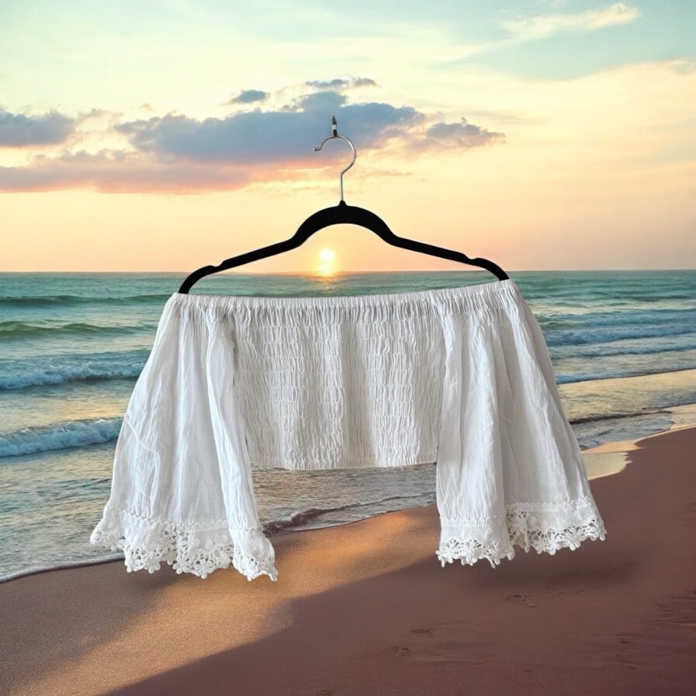 Coco White On-Off-Shoulder Smocked Top with Crocheted Lace Trim